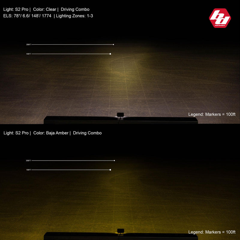 Baja Designs S2 Pro White LED Auxiliary Light Pod: two stacked night beam-pattern shots comparing the clear and Baja Amber S2 Pro Driving Combo beams on open ground with 100' distance markers