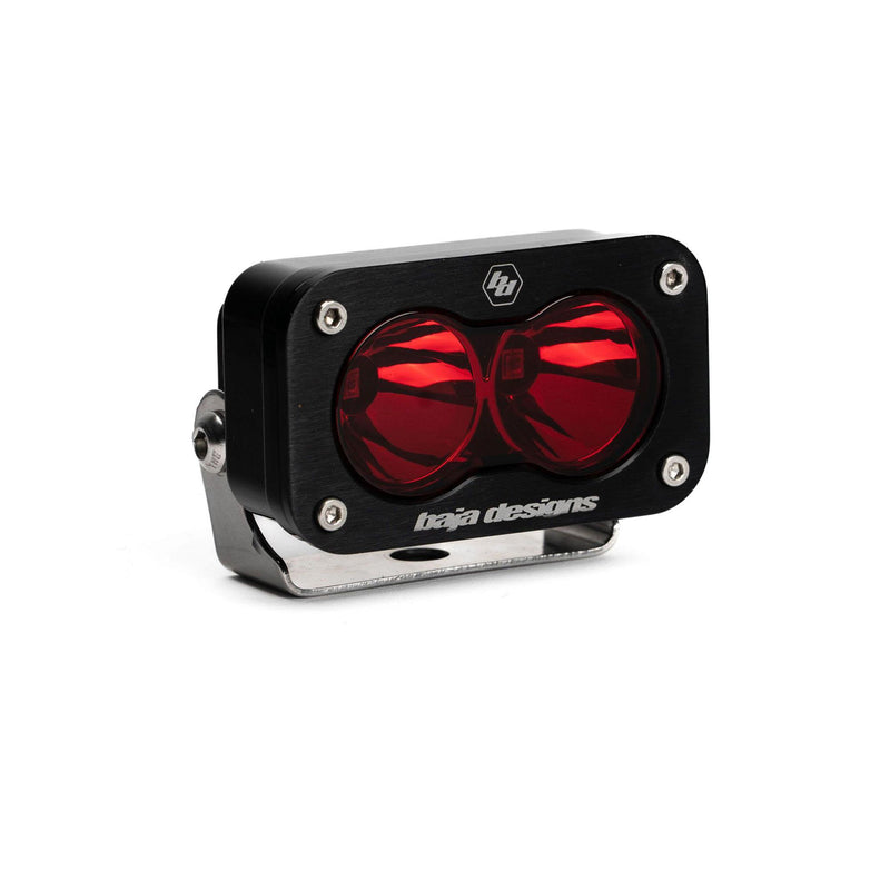 Baja Designs S2 Red LED Auxiliary Light Pod, whole product on a studio background: A single black S2 LED pod glowing red through its lens, on a stainless bracket