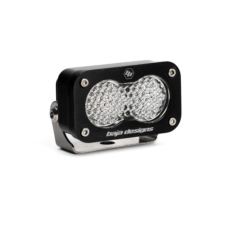 Baja Designs S2 Red LED Auxiliary Light Pod, whole product on a studio background: A single black S2 LED pod with a clear dimpled work scene lens on a stainless bracket