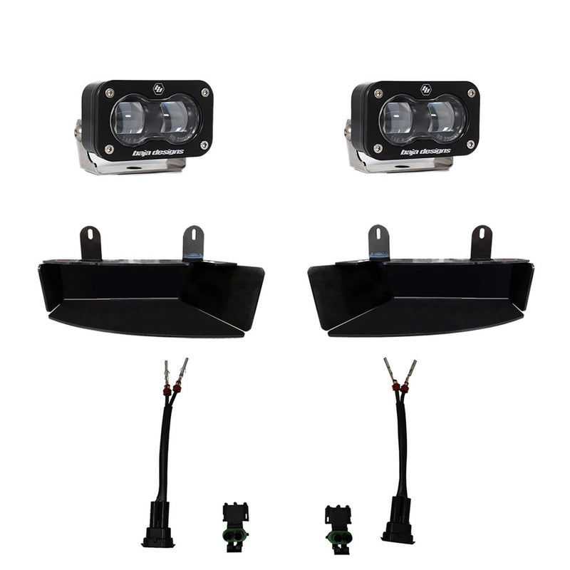 Baja Designs S2 SAE Fog Pocket Light Kit, complete kit on a studio background: two clear lens S2 SAE pods with black fog pocket bezels and wiring pigtails on a white background