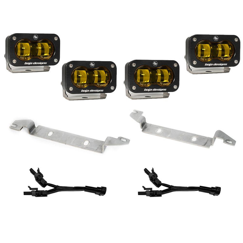 Baja Designs S2 SAE OEM Fog Light Replacement Kit, complete kit on a studio background: four amber S2 SAE fog pods with two long steel brackets and two Y adapter harnesses on white