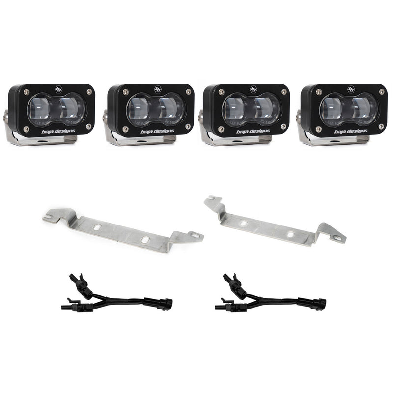 Baja Designs S2 SAE OEM Fog Light Replacement Kit, complete kit on a studio background: four black S2 SAE fog pods