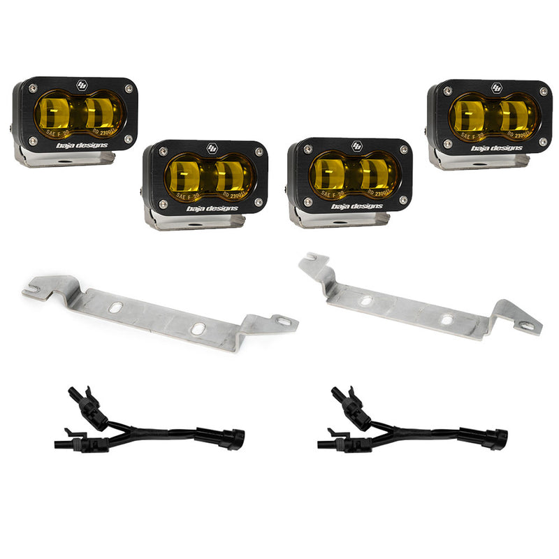 Baja Designs S2 SAE OEM Fog Light Replacement Kit, complete kit on a studio background: four black S2 SAE pods with amber lenses, two steel mounting brackets and two Y-harnesses on white