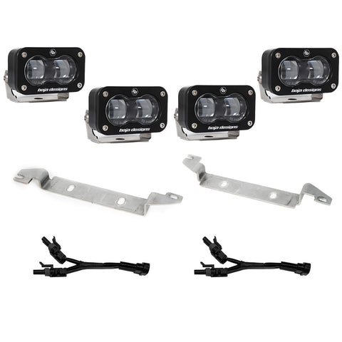 Baja Designs S2 SAE OEM Fog Light Replacement Kit, complete kit on a studio background: four black S2 SAE pods