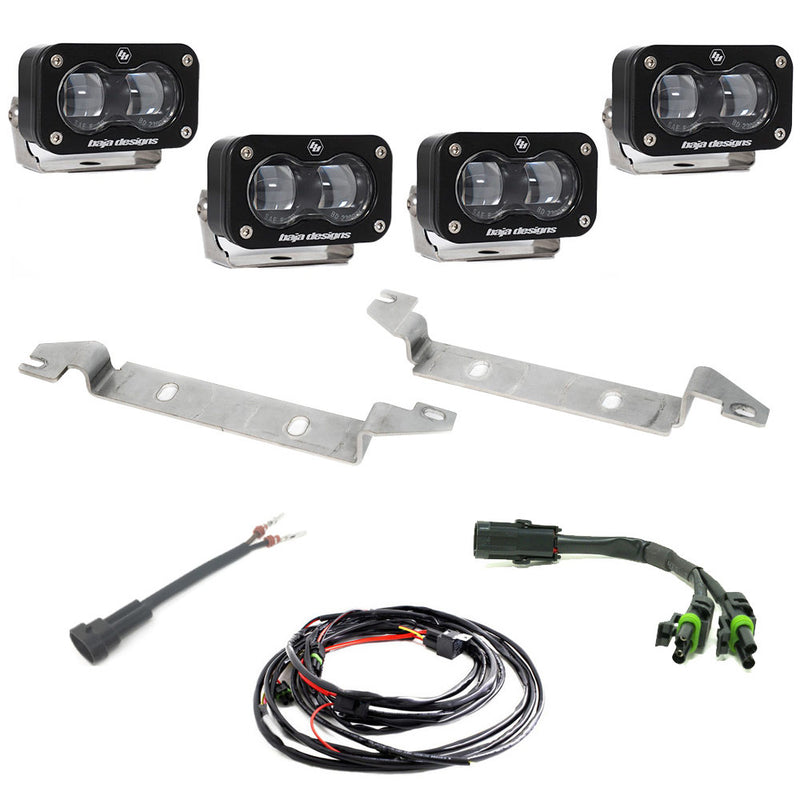 Baja Designs S2 SAE OEM Fog Light Replacement Kit, complete kit on a studio background: four black S2 SAE pods