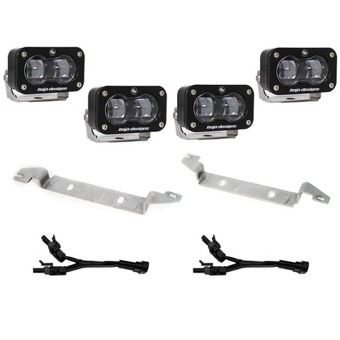 Baja Designs S2 SAE OEM Fog Light Replacement Kit, complete kit on a studio background: four clear S2 SAE pods