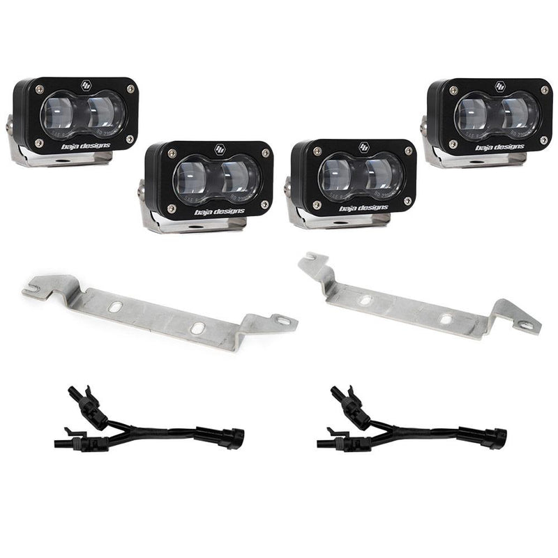 Baja Designs S2 SAE OEM Fog Light Replacement Kit, complete kit on a studio background: four clear S2 SAE pods
