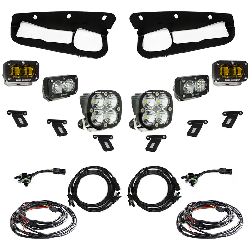 Baja Designs S2 SAE Pro Fog Pocket Light Kit, complete kit on a studio background: two black fog pocket bezels