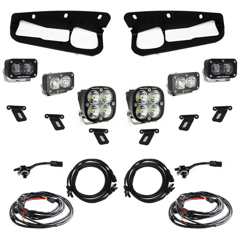 Baja Designs S2 SAE Sportsmen Fog Pocket Light Kit, complete kit on a studio background: two black fog pocket bezels