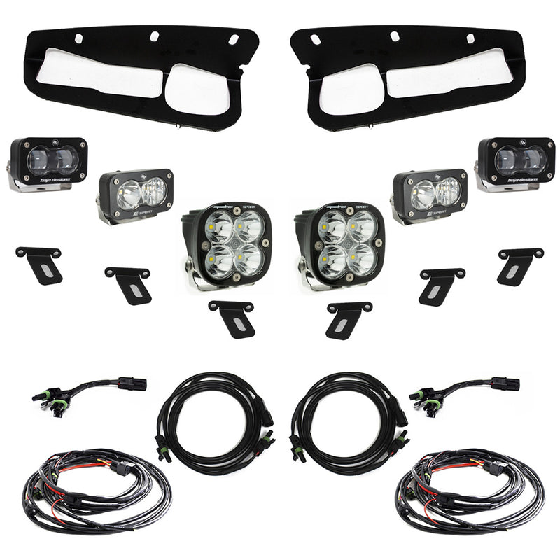 Baja Designs S2 SAE Sportsmen Fog Pocket Light Kit, complete kit on a studio background: two black fog pocket bezels