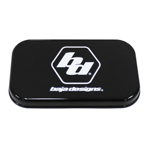 Baja Designs S2 Single Rock Guard, whole product on a studio background: A black rectangular S2 rock guard printed with the Baja Designs logo and wordmark on a white background