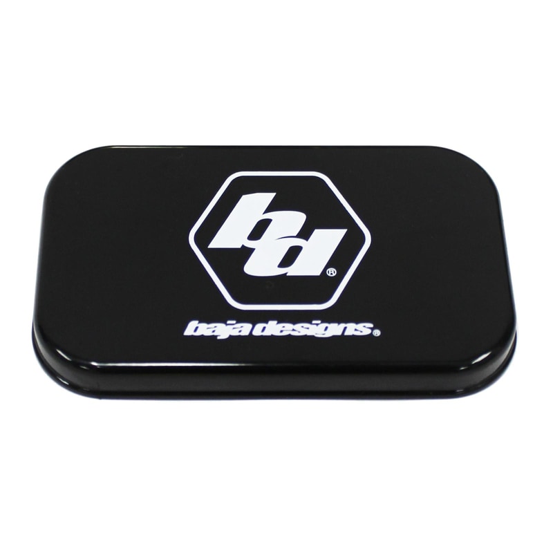 Baja Designs S2 Single Rock Guard, whole product on a studio background: A black rectangular S2 rock guard printed with the Baja Designs logo and wordmark on a white background