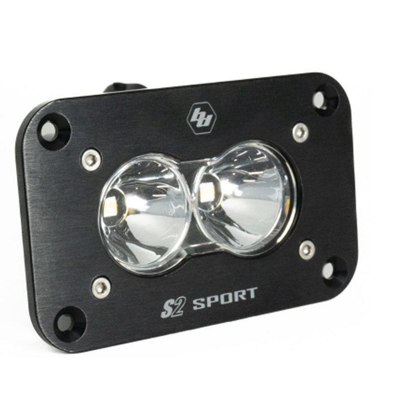 Baja Designs S2 Sport Black Flush Mount LED Auxiliary Light Pod, whole product on a studio background: black flush mount S2 Sport light pod with clear spot reflectors, slight angle, on a white background