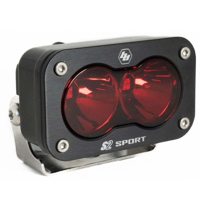 Baja Designs S2 Sport Black LED Auxiliary Light Pod, whole product on a studio background: A black S2 Sport LED pod fitted with a red lens on a white background