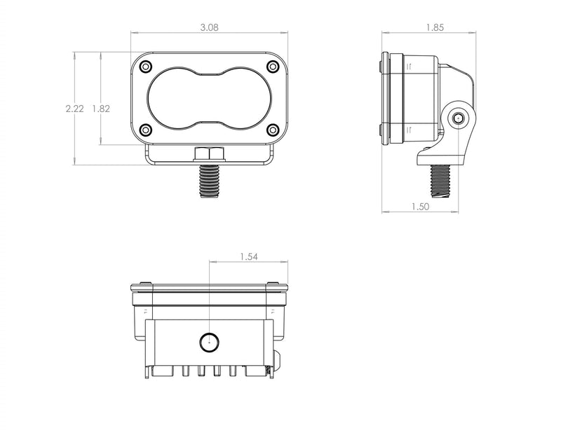 Baja Designs S2 Sport Black LED Auxiliary Light Pod Pair: A three view line drawing of an S2 style pod with dimension callouts in inches