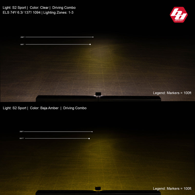 Baja Designs S2 Sport Black LED Auxiliary Light Pod Pair: beam pattern chart comparing clear and amber S2 Sport driving combo light on a dark test field with 100' markers