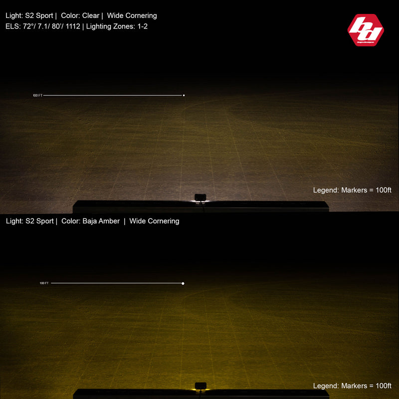 Baja Designs S2 Sport Black LED Auxiliary Light Pod Pair: beam pattern chart comparing clear and amber S2 Sport wide cornering light on a dark test field with 100' markers