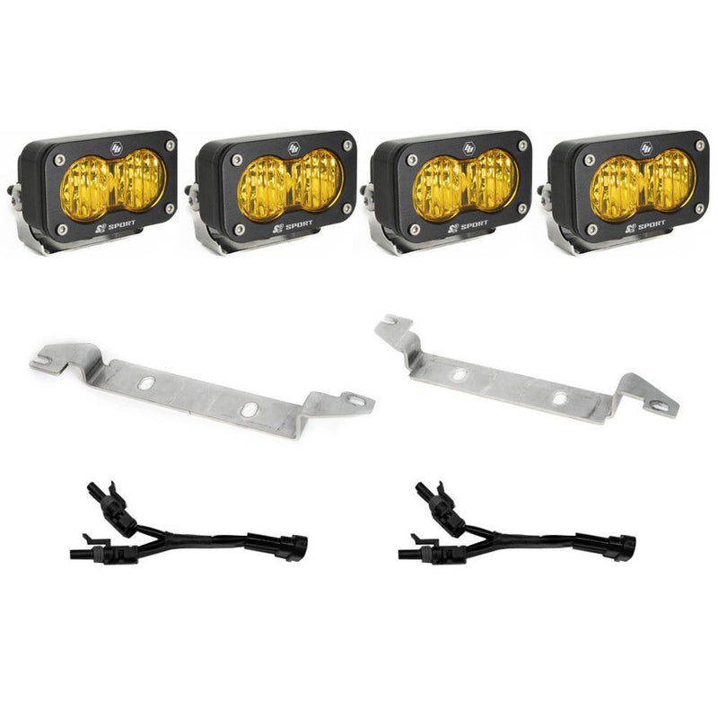Baja Designs S2 Sport Dual Fog Pocket Light Kit, complete kit on a studio background: four amber S2 Sport pods with two long steel brackets and two Y adapter harnesses on white