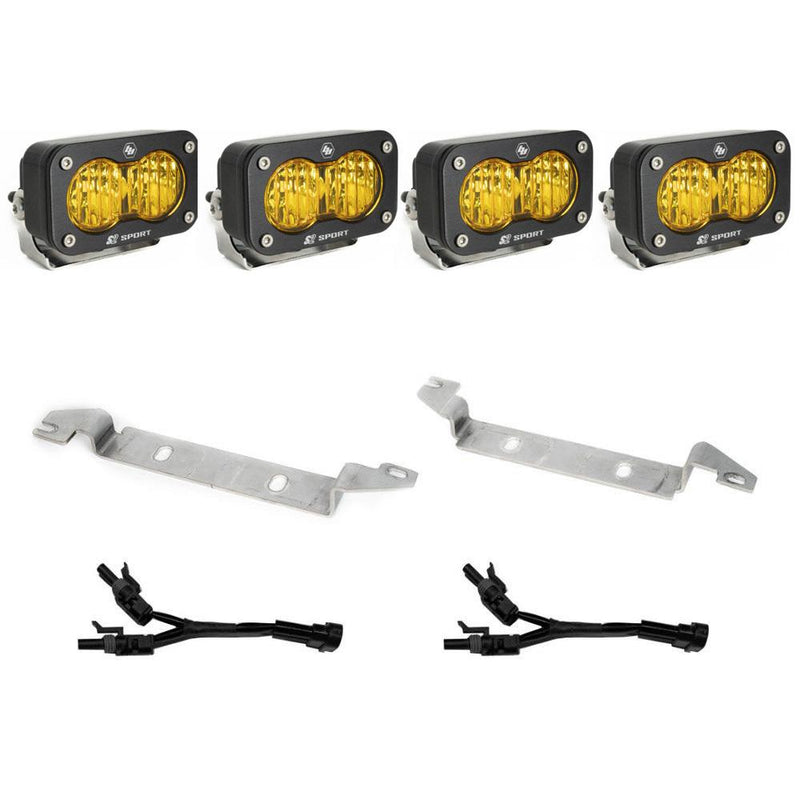 Baja Designs S2 Sport Dual Fog Pocket Light Kit, complete kit on a studio background: four black S2 Sport pods with amber lenses, two steel mounting brackets and two Y-harnesses on white