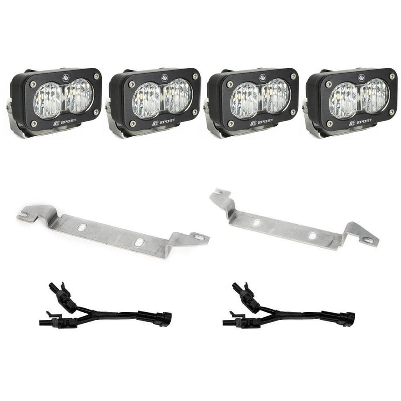 Baja Designs S2 Sport Dual Fog Pocket Light Kit, complete kit on a studio background: four black S2 Sport pods with clear lenses, two steel mounting brackets and two Y-harnesses on white