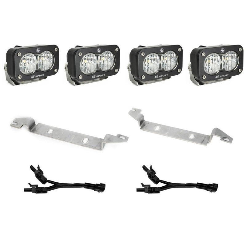 Baja Designs S2 Sport Dual Fog Pocket Light Kit, complete kit on a studio background: four clear S2 Sport pods with two long steel brackets and two Y adapter harnesses on white