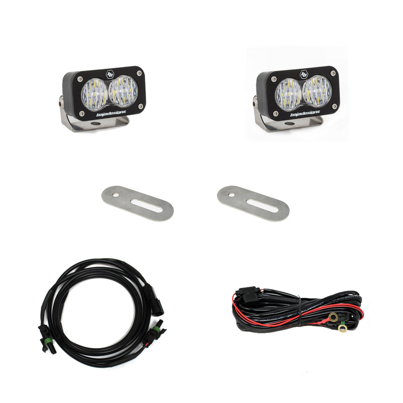 Baja Designs S2 Sport Dual Reverse Light Kit, complete kit on a studio background: pair of S2 Sport LED pods with two slotted mounting tabs, an extension cable and a relay harness on white