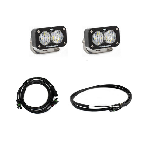 Baja Designs S2 Sport Dual Reverse Light Kit, complete kit on a studio background: two S2 Sport LED pods with clear lenses and two wiring harnesses on a white background