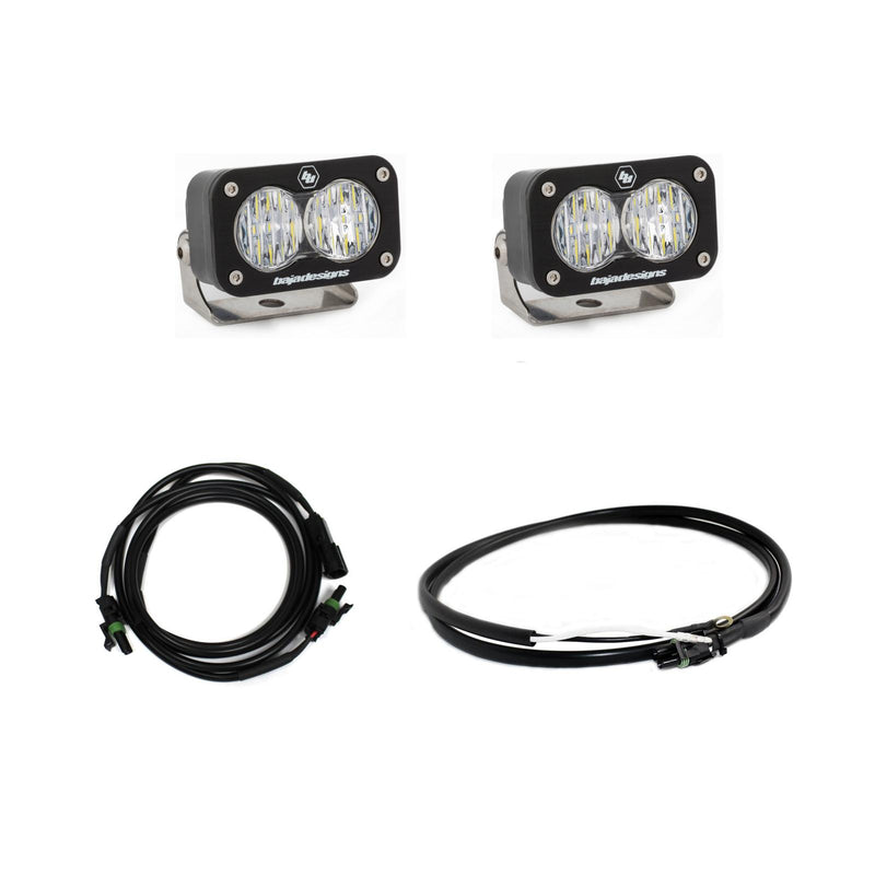 Baja Designs S2 Sport Dual Reverse Light Kit, complete kit on a studio background: two S2 Sport LED pods with clear lenses and two wiring harnesses on a white background