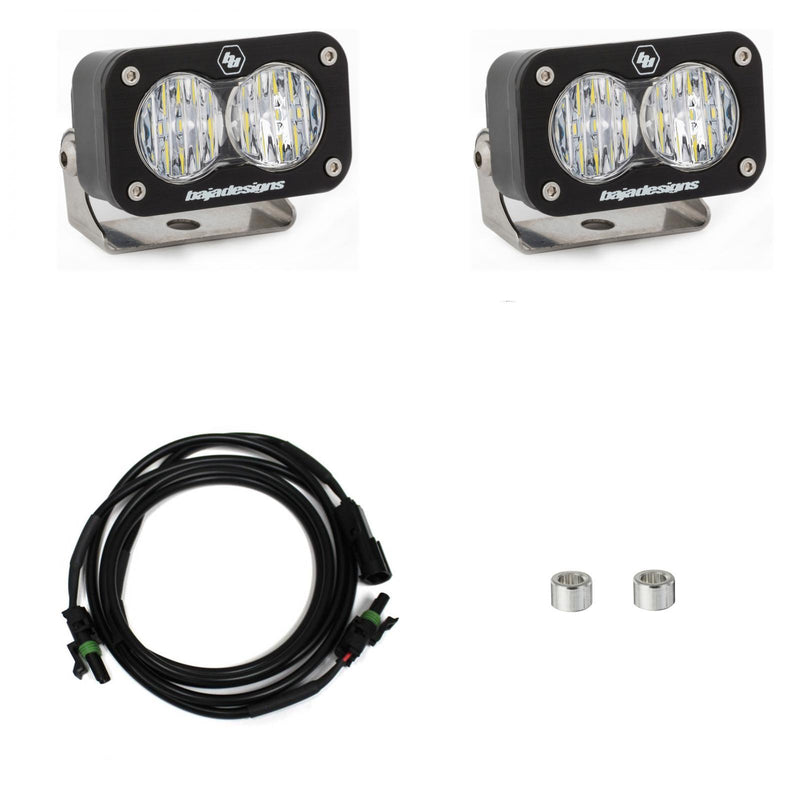 Baja Designs S2 Sport Dual Reverse Light Kit, complete kit on a studio background: two S2 Sport LED pods with clear lenses, a wiring harness and two small spacers on a white background