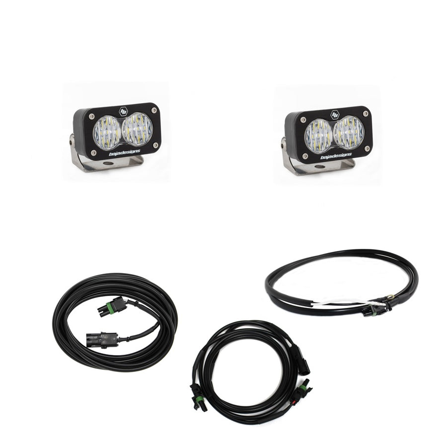 Baja Designs S2 Sport Dual Reverse Light Kit, complete kit on a studio background: two S2 Sport LED pods with clear lenses and three wiring cables on a white background