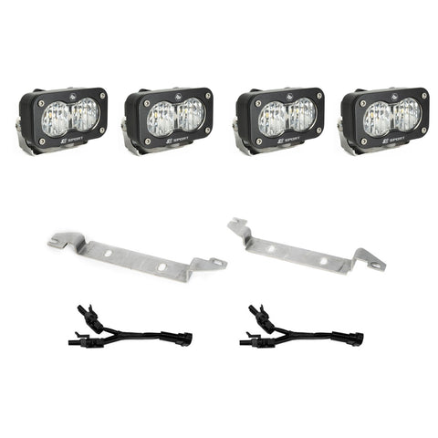 Baja Designs S2 Sport OEM Fog Light Replacement Kit, complete kit on a studio background: four black S2 Sport pods