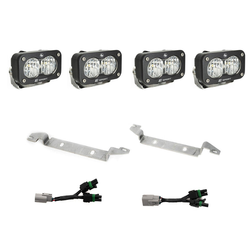 Baja Designs S2 Sport OEM Fog Light Replacement Kit, complete kit on a studio background: four black S2 Sport pods