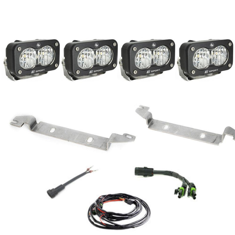 Baja Designs S2 Sport OEM Fog Light Replacement Kit, complete kit on a studio background: four black S2 Sport pods