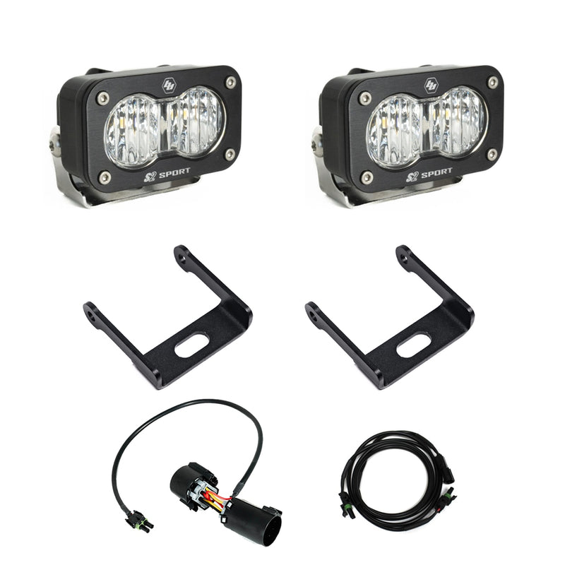 Baja Designs S2 Sport Reverse Kit, complete kit on a studio background: kit of two S2 Sport LED pods with clear lenses, two black brackets, a trailer hitch harness adapter and an extension cable
