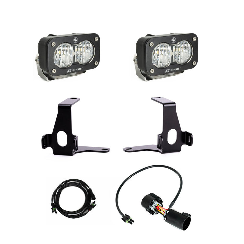 Baja Designs S2 Sport Reverse Kit, complete kit on a studio background: two black S2 Sport LED pods with clear lenses shown with black steel mounting brackets and two harnesses on white