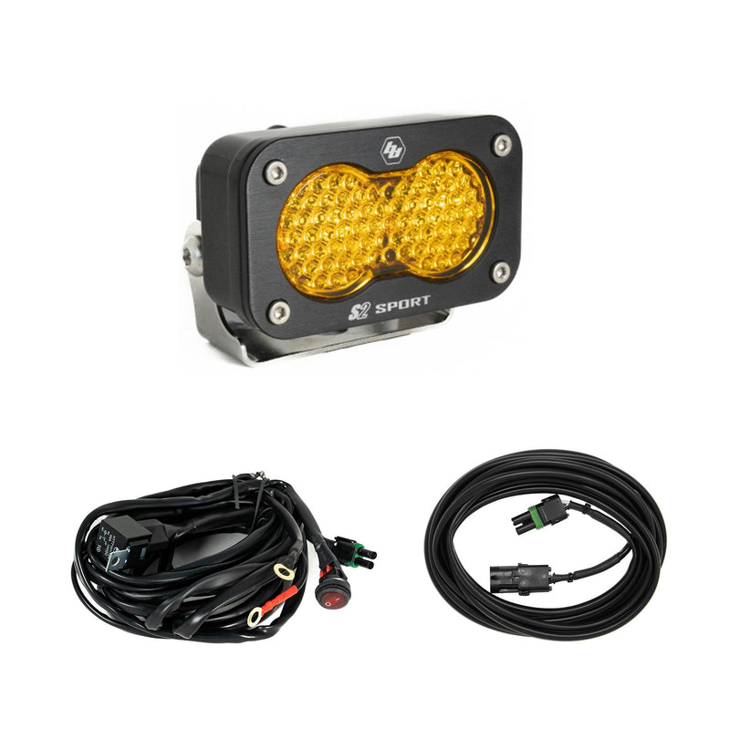 Baja Designs S2 Sport Universal Chase Light Kit, complete kit on a studio background: A black S2 Sport LED pod with an amber honeycomb lens, a switch wiring harness and an extension cable on a white background