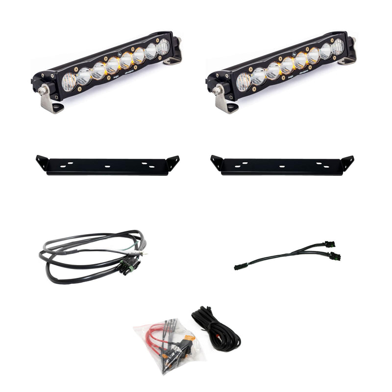 Baja Designs S8 10" Dual Behind Grille Light Bar Kit, complete kit on a studio background: two 10" S8 LED light bars with clear lenses, two black mounting plates, harnesses, a splitter and a relay kit on white