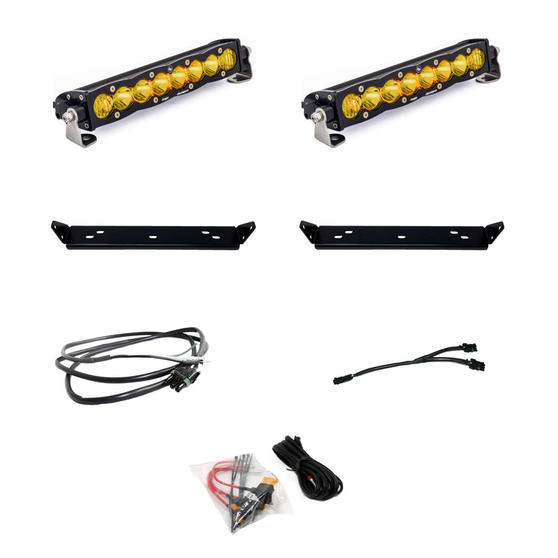 Baja Designs S8 10" Dual Behind Grille Light Bar Kit, complete kit on a studio background: two 10" S8 LED light bars with amber lenses, two black mounting plates, harnesses, a splitter and a relay kit on white