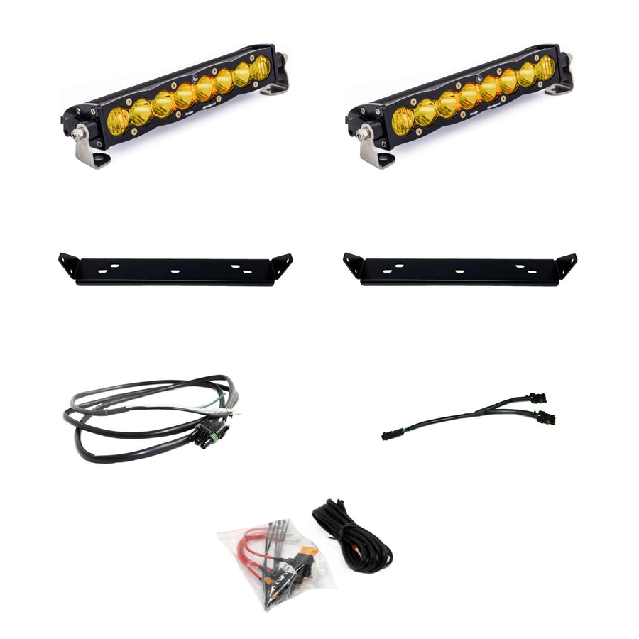 Baja Designs S8 10" Dual Behind Grille Light Bar Kit, complete kit on a studio background: two 10" S8 LED light bars with amber lenses, two black mounting plates, harnesses, a splitter and a relay kit on white