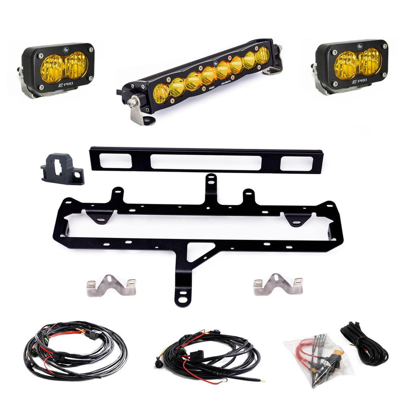 Baja Designs S8 10"/S2 Pro Grille Light Kit, complete kit on a studio background: an amber S8 10" light bar, two amber S2 Pro pods, a black grille mounting frame, wiring harnesses