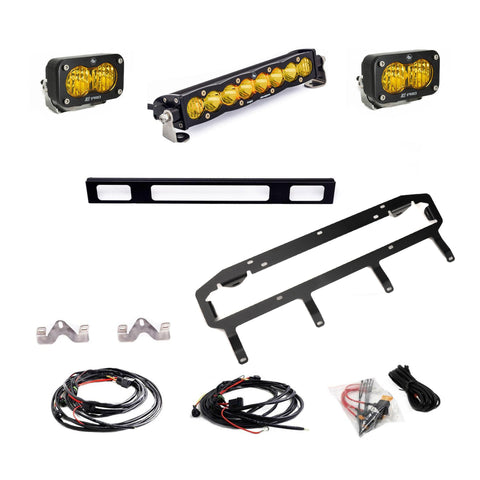 Baja Designs S8 10"/S2 Pro Grille Light Replacement Kit, complete kit on a studio background: an amber S8 10" light bar, two amber S2 Pro pods, black grille brackets, wiring harnesses and hardware laid out on white