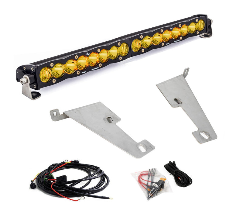 Baja Designs S8 20" Behind Bumper Light Bar Kit, complete kit on a studio background: an S8 light bar with amber lenses shown with two bare steel brackets, a wiring harness and a hardware bag on white