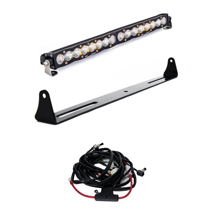 Baja Designs S8 20" Bumper Light Bar Kit, complete kit on a studio background: A 20" S8 light bar on white