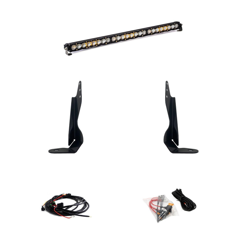 Baja Designs S8 30" Behind the Grille Light Bar Kit, complete kit on a studio background: A 30" S8 LED light bar
