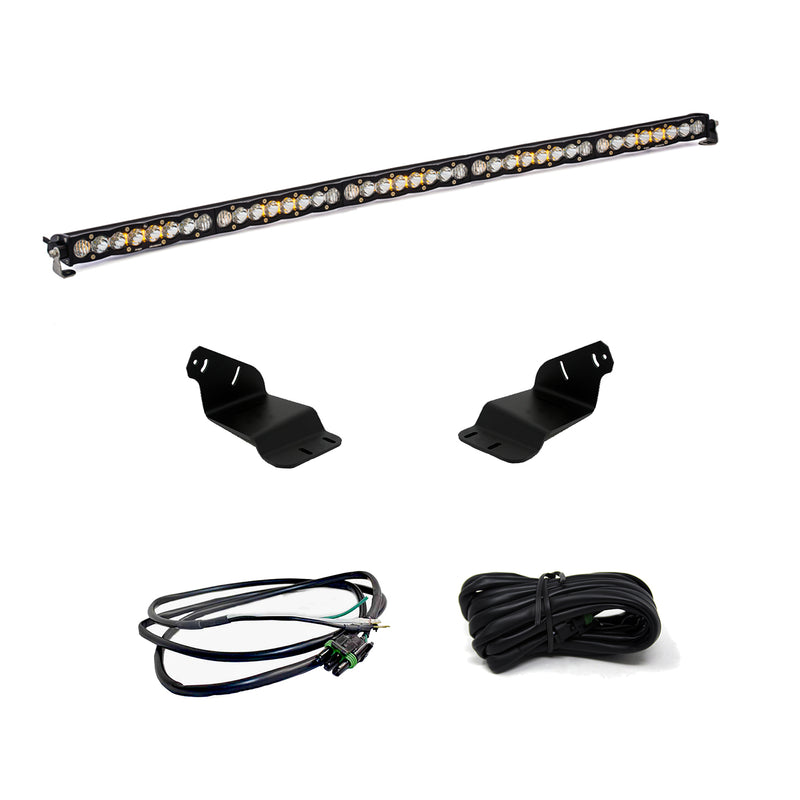 Baja Designs S8 50" Roof Mount Light Kit, complete kit on a studio background: S8 50" light bar with two black roof brackets and two coiled wiring leads on white