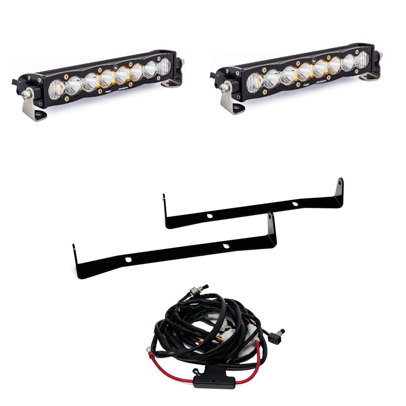Baja Designs S8 Dual 10" Grille Upper Light Kit, complete kit on a studio background: two S8 10" light bars with two black mounting strips and a wiring harness on white