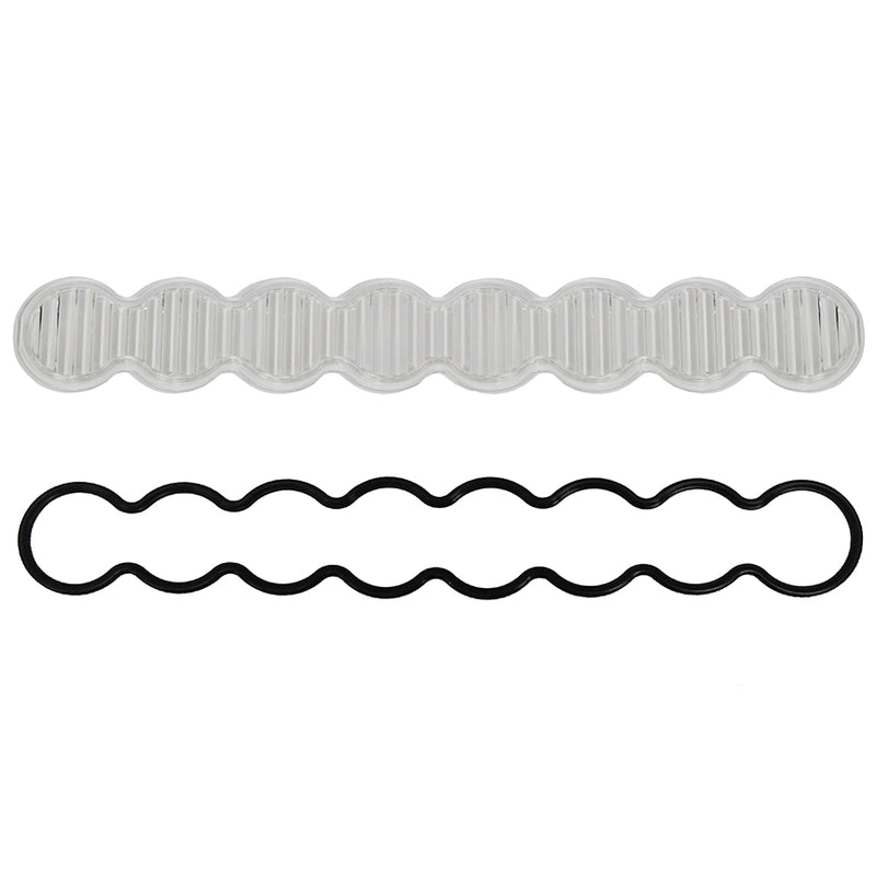 Baja Designs S8 Light Bar Lens Kit, complete kit on a studio background: A clear S8 light bar replacement lens cover with fluted optics and a black rubber gasket on a white background