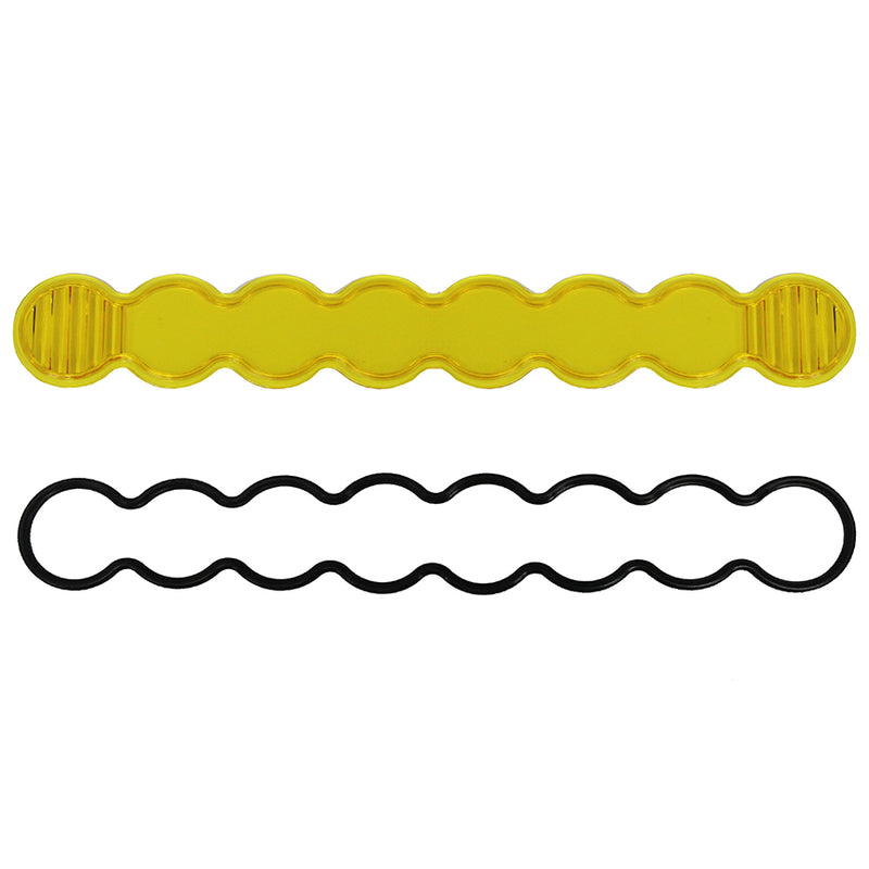 Baja Designs S8 Light Bar Lens Kit, complete kit on a studio background: A yellow S8 light bar replacement lens cover with mixed fluted and smooth optics and a black rubber gasket on a white background; this SKU's frames show more than one lens