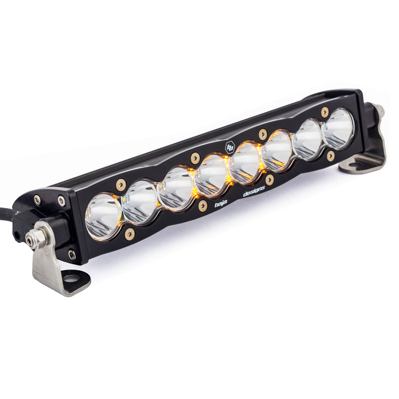 Baja Designs S8 Straight LED Light Bar, whole product on a studio background: angled view of a 10" black S8 LED light bar with clear spot reflectors and mounting feet
