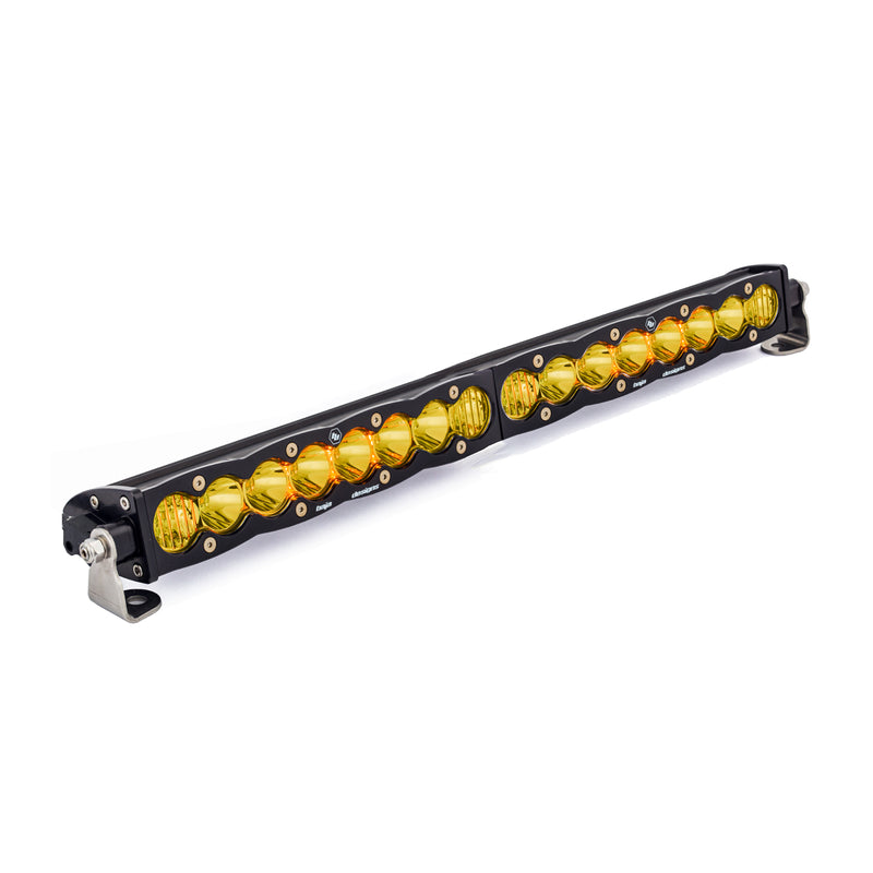 Baja Designs S8 Straight LED Light Bar, whole product on a studio background: black S8 LED light bar with amber lenses in two segments and mounting feet on a white background